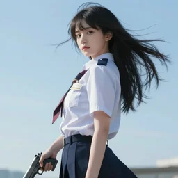 girl wearing uniform, holding pistol at side, windy, cool pose | | audrey plaza, fine detail!! anime!! realistic shaded lighting!! poster by ilya kuvshinov katsuhiro otomo ghost - in - the - shell, magali villeneuve, artgerm, jeremy lipkin and michael garmash and rob rey