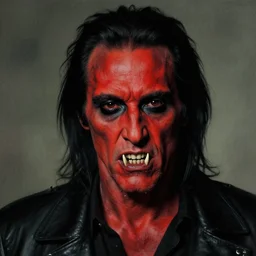 al pacino devilish version. an unnatural abomination, red skin. black eyes, fangs. grunge, horror, dmt, dark and muted colors, detailed airbrush art, by yves klein