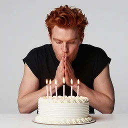 margiela campaign featuring artist ben schumacher blowing out all the candles on the birthday cake, handsome ginger man, sparklers, realistic vfx simulation, jorg immendorg painting on the wall