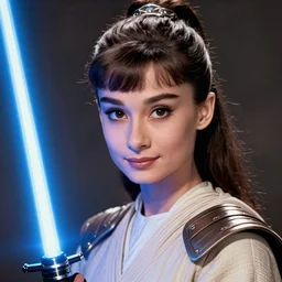 head and shoulders portrait of a female knight, star wars, jedi, robes, blue lightsaber, young audrey hepburn, by luis royo, vogue fashion photo