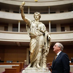 Giulio Andreotti throwing an ancient idol statue a the Italian parliament