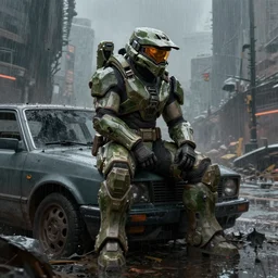 character portrait of a bulky female warrior in halo spartan armor sitting down on a broken car in a desolate cyberpunk wasteland city, 8 k, realistic shading, concept art, digital painting, illustration, matte painting, moody lighting, sharp focus, minimal artifacts, wet, heavy rain, rainstorm, john singer sargent, william - adolphe bouguereau