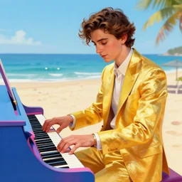 :very detailed:masterpiece:digital:Timothee Chalamet:golden suit:featured in artstation+digitally painted by WLOP:yellow+blue+pink:⭐:beach+sunny day:playing piano+colorful piano-H 1000