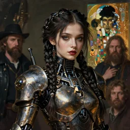 portrait of beautiful cute goth maiden cyborg girl with braided hair in warhammer mechanical armor, art by ( ( ( kuvshinov ilya ) ) ) and wayne barlowe and gustav klimt and artgerm and wlop and william - adolphe bouguereau