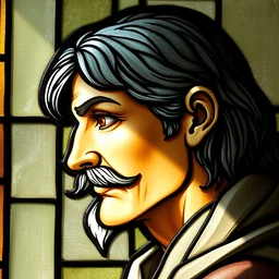 1 0 th century stained glass window, side - view portrait of a 5 5 year old man, amber eyes, long grey hair, horse shoe mustache, detailed and masterful, backlit