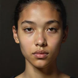 detailed portrait in femininity, realistic face sculpted features, ethnic, clear eyes, statuesque, warm glowing skin, chiaroscuro, tangible, peach fuzz, angular impressionism, deep ambient backdrop, contemporary, modern fashion, natural colors, greg rutkowski and gaston bussiere and craig mullins and j. c. leyendecker