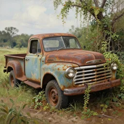 Realistic impressionist painting of an old rusty pickup truck overrun by kudzu