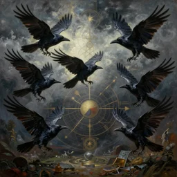 hyper realistic painting of multiples ravens flying into each other, stormy, convoluted, chaotic, in the style of wayne barlowe, gustav moreau, goward, bussiere and roberto ferri, santiago caruso, and austin osman spare, saturno butto, sorayama. occult art, alchemical diagram