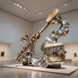 ! dream an art museum whose architecture is inspired by drum and flute instrument pieces, hammered metal sculpture, fluid dynamics ar 1 6 : 9