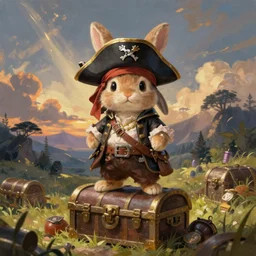 anthropomorphic rabbit pirate, pirate outfit, standing on a treasure chest, standing in a beautiful landscape, cute and adorable, dnd character art portrait, matte fantasy painting, deviantart artstation, by jason felix by steve argyle by tyler jacobson by peter mohrbacher, cinematic lighting