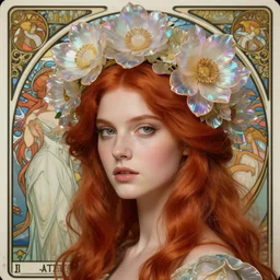 redhead woman, rococo and art nouveau fusion, iridescent diaphanous refractive and reflective flower crown, tarot card, highly detailed, deep focus, elegant, smooth, sharp focus, illustration, ultra realistic, 8 k, art by artgerm and alphonse mucha, maxfield parrish, james jean, yoji shinkawa, odilon redon, gaston bussiere, eugene grasset, janis rozentals