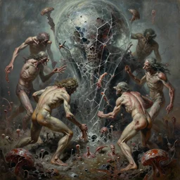 oil paint of flayed god machines, cluster battling chaos, glass sentient geocracking, fungal pit, trash patina sheen rotting, by alberto bontempi, alex ross, shigeru komatsuzaki, wayne d barlowe, stefano tamburini, narrative light, muted colors, epic, hyper detailed, awe inspiring, award winning horror, narrative lighting, hyper realism,