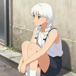 girl sitting in street. against wall. white braids. look left. anime, akira toriyama