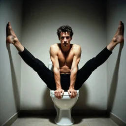 Jean Claude Vandamme, 1992, doing the splits over a toilet, dramatic lighting, award winning, octane,