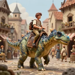 a beautiful detailed matte painting of a young man riding a stegosaurus in a busy street of a medieval european city.