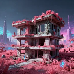 a beautiful detailed render of urbex unfinished building city villa by b. v. doshi, infrared futuristic bioshock at summer elysian galactic steampunk fisheye sea retro retrowave myst vice city lightpaint extraterrestial mars uv light sci - fi dieselpunk atlantis meadow scumm bar crystal, archdaily, wallpaper, highly detailed, trending on artstation.