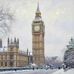 big ben covered in snow in a snowy forest in the style of claude monet, digital art.
