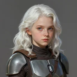 portrait of a woman by greg rutkowski, mixture between russian and british, cute, petite, white wavy hair, she is about 2 0 years old, attractive, wearing a mandalorian gear, star wars expanded universe, highly detailed portrait, digital painting, artstation, concept art, smooth, sharp foccus ilustration, artstation hq
