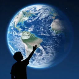 4K ultra HD detailed award-winning wallpaper of silhouette of man reaching his hand towards huge vast sky Earth universe