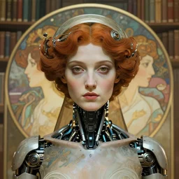 centralized close up portrait, serious, robot queen, abstract library background, alphonse mucha, rhads, ross tran, artstation, artgerm, octane render, 8 k