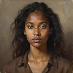 detailed portrait in femininity, realistic face sculpted features, ethnic, exotic, melanin, deep clear eyes, statuesque, warm glowing skin, wild hair, collared shirt, chiaroscuro, tangible, angular impressionism, mocha, cinematic lighting, arabesque backdrop, contemporary, modern fashion, natural colors, oil on canvas