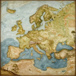 A very detailed painting in the style of Hieronim Bosch featuring a river in Europe surrounded by trees and fields. A rubber dinghy is slowly moving through the water. Sun is shining