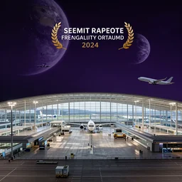 semitransparent large vast airport terminal with a dark purple space background with giant round planets visible, bird shaped airplanes in the hangar