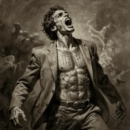 photorealistic sepia - toned painting of a screaming male in a grey suit, nabatean aramaic tattoos on his skin, his body unravelling, atmospheric lighting, dark, brooding, painted, intricate, ultra detailed, well composed, best on artstation, cgsociety, epic, horror, stunning, gorgeous, intricate detail, much wow, masterpiece, cinematic aesthetic octane render, 8 k hd resolution,