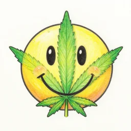 cannabis smiley face cartoon, colored pencil illustration