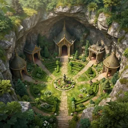 worm's eye view of a elven headquarters carved inside a mountain above a lush garden, neat and tidy, magical, natural light, fantasy, sharp focus, concept art, by greg rutkowski and craig mullins, cozy atmospheric and cinematic lighting, trending on artstation