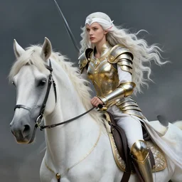 a fantast beauty detailed walkyrie candice swanepoel riding a white horse, with a curved sword, platinum white wavy long hair, white headband in the front with diamonds, jewelry body armor in golden and silver colors, pointy ears, detailed, epic masterpiece of cinematographic hyperrealism, realistic shaded lighting poster by craig mallismo, artgerm, jeremy lipkin and michael gar