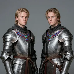 Photo of Young Olsen twins as a medieval fantasy knight wearing dark steel scale armor and garments, Photo , red and blue jewerly ornaments, emerald jewelry, high fantasy, gothic, Sparth style, Final Fantasy style, Tsutomu Nihei style, Emil Melmoth style, Craig Mullins style, Shinkawa style, centered image, Photo , golden hour, soft lighting aesthetic, volumetric lighting,