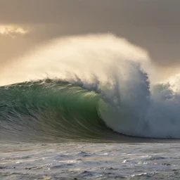 enormous wave about to crash, green waters, storm, backlit, sunset, dramatic ligthting, atmospheric