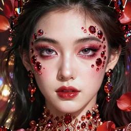 an absurdly beautiful, elegant, young hypercolorful sensual gravure idol partially made up of rubies and red petals, ultrafine hyperrealistic detailed face illustration by kim jung gi, irakli nadar, intricate linework, sharp focus, bright colors, matte, octopath traveler, final fantasy, unreal engine highly rendered, global illumination, radiant light, intricate environment