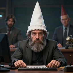 hyperrealistic mixed media image of info wars alex jones wearing dunce hat at desk, stunning 3 d render inspired art by xiang duan and thomas eakes and greg rutkowski, perfect facial symmetry, hyper realistic texture, realistic, highly detailed attributes and atmosphere, dim volumetric cinematic lighting, 8 k octane detailed render, post - processing, masterpiece,