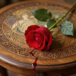 a single red rose is on a wooden table with delicate carved filigree and drops of blood, close up view, dramatic lighting, DOF, art nouveau, intricate artwork by Raymond Swanland and Ruan Jia and Greg Rutkowski