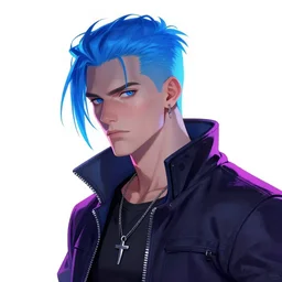 cyberpunk dexter morgan with blue hair, neon colors, concept art by artgerm and greg rutkowski and caravaggio and moebius