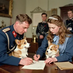 1 9 4 6 historical photo 1 3 5 mm of a single german general signing a peace treaty, a young queen elizabeth holds a corgi and watches the general sign the treaty, french village interior, highly detailed, sharp focus, symmetrical face