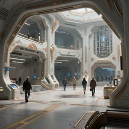 cel shaded cinematic shot, matte illustration, the interior of a sci - fi space station with ornate elven architecture bustling with people, epic castle, emerald, crystalline, detailed illustration, sharp focus, crisp lines, art by moebius, jean giraud moebius comic illustration