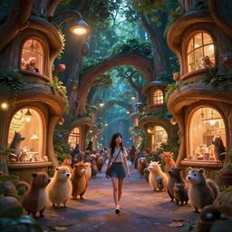 young woman walking down narrow street crowded with anthropomorphic anmimals between futuristic organic giant wooden tree shopfronts, night, organic bioluminescent street lights, forest canopy understory, cinematic lighting, octane render, 3 d pixar disney digital cgi rtx hdr painting, highly detailed, artstation cgsociety masterpiece
