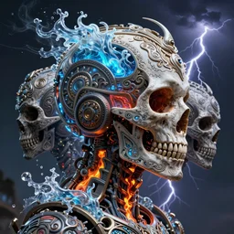 3 d ornate carved robot with tattoos profile portrait, sigma 5 0 0 mm f / 5. beautiful intricate highly detailed skull. bioluminescent, plasma, lava, ice, water, wind, creature, thunderstorm! artwork by tooth wu and wlop and beeple and greg rutkowski, 8 k trending on artstation