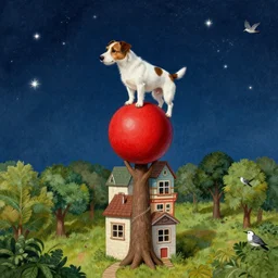 jack russel dog climbing!!!! tall structure built from a red ball a house and a tree, birds eye view, surrounded by stars, at night time, stars, illustrated by peggy fortnum and beatrix potter and wayne barlow