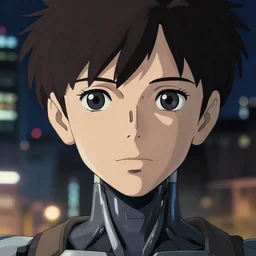 a anime portrait of a cyborg woman, finely detailed features, closeup at the face, sharp focus, finely detailed perfect face, aesthetically pleasing art, night time city background, cinematic lighting, background blur bokeh!! highly detailed, intricate, smooth, anime!! artstation, trending on pixiv fanbox, painted by greg rutkowski, studio ghibli, yoji shinkawa, hayao miyazaki, mappa, 4 k