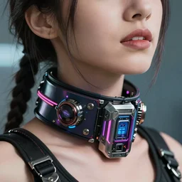 detailed realistic female rock star cyberpunk wearing thick technological collar around neck, realistic, art, beautiful, 4K, collar, choker, collar around neck, punk, artstation, detailed, female, woman, choker, cyberpunk, neon, punk, collar, choker, collar around neck, thick collar, tight around neck, punk,