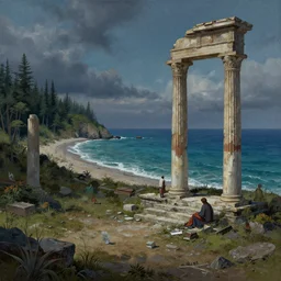 digital 2 d, traditional paint, mixed media, concept art, illustration, environmental concept art & design, ruins, coast, ocean, sea, beach, remains, greek, pillars, vagrants, forest of liars, twilight, clouds, sky, coastline, sylvain sarrailh