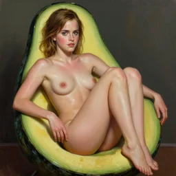 expressive oil painting, of emma watson as avocado chair, loving seductive look, smooth glowing skin, glistening body, love, blushing, glamour shot, by yoshitaka amano, by greg rutkowski, by jeremyg lipkinng, by artgerm, digital art, octane render