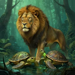 lion and turtle hybrid, cinematic lighting, swamp, greg rutkowski, artgerm, wlop, artstation, beeple