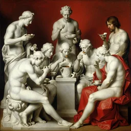 a beautiful painting of a group of white human stone statues eating, oil paint, classic art, 1 6 century style, volume light, in the style of beksinski, parts by edward hopper, parts by rodcenko, parts by yue minjun, diego velazquez, intricate and epic composition, red by caravaggio, insanely quality, highly detailed,