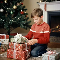 an analog photo of young boy opening his presents on christmas morning in 1 9 8 3