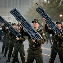 military march while holding giant keyboards as guns, 4 k photography, highly detailed, cinematic lighting,